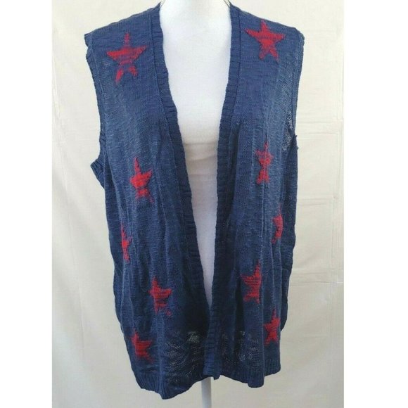 Lane Bryant Sleeveless Sweater 22 24 Open Front Star Embroidered Blue 3X - Picture 2 of 6
